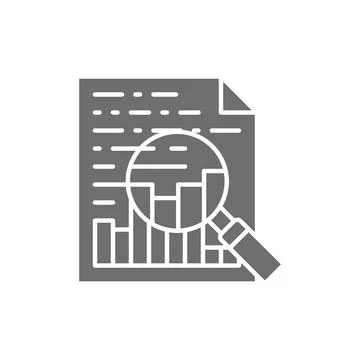 Charts and graphs, document with statistic and magnifying glass grey icon. Stockillustratie