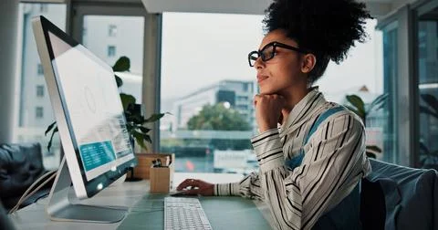 Charts, computer screen and reading with business woman in office for update or Stock Photos