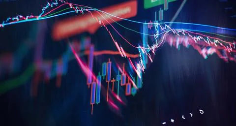 Charts of financial instruments with various type of indicators including vol Foto stock