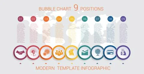 Charts infographic step by step 9 positions colorful bubbles Stock Illustration
