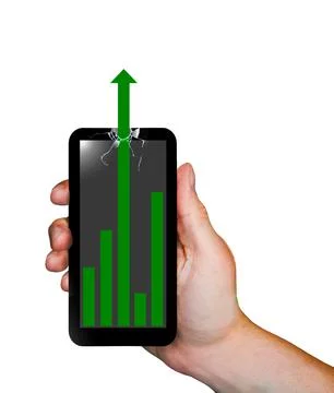 Off the charts is the theme of this hand holding a cell phone. One green arro Stock Illustration