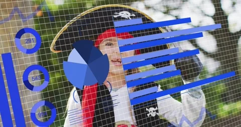 Charts updating analytics data guiding pirate child stepping forward waving hook Stock Footage 316885675