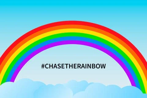 Chase the rainbow vector illustration. Rainbow in blue sky and clouds. Hope f Stock Illustration