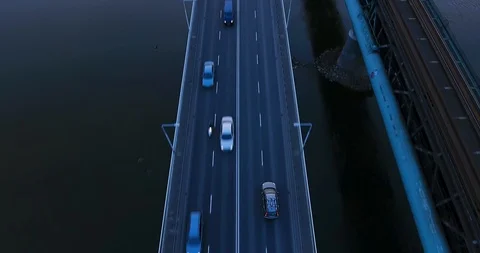 Chasing Car On A Bridge. Aerial Drone Shot Stock Footage 86122148