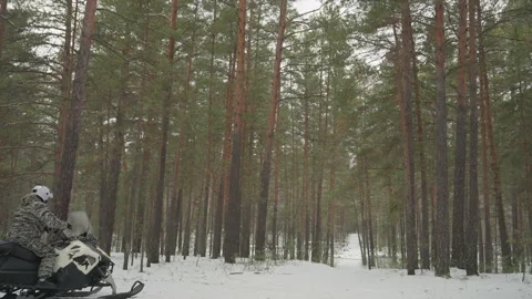 Chasing icy pines on camouflaged snowmobile adventure. Embarking on swift Stock Footage 334784596