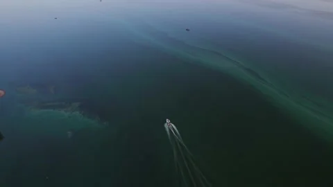 Chasing small boat. Flight over wide dark green river waters Stock Footage 205616311