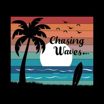 Chasing Waves Tropical sunset T-Shirt Design Template Stock Illustration