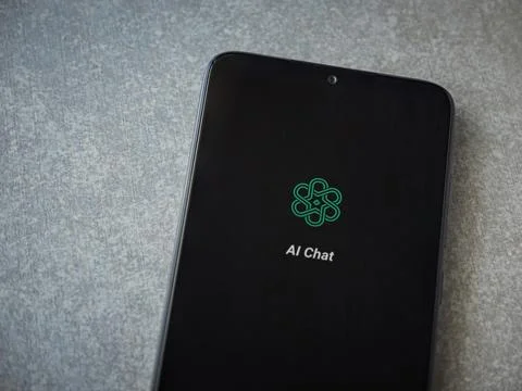 Chat AI app launch screen on smartphone on ceramic stone background Stock Photos