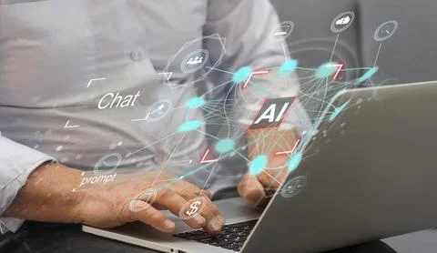 Chat AI concept, People using computer Side view typing on laptop keyboard Chat Foto stock