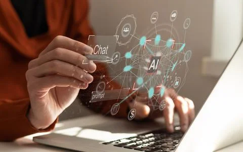 Chat AI concept, People using computer Side view typing on laptop keyboard Chat Foto stock