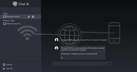 Chat ai logo and conversation text over network of wi fi, globe and smartph.. Stock Photos