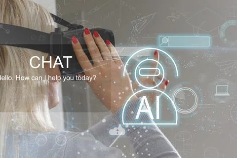 Chat with AI or Artificial Intelligence. Young businessman chatting with a Foto stock