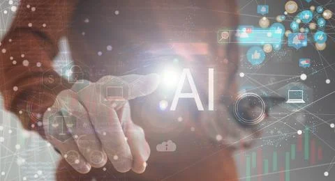 Chat with AI or Artificial Intelligence technology. Businessman using a laptop 스톡 사진