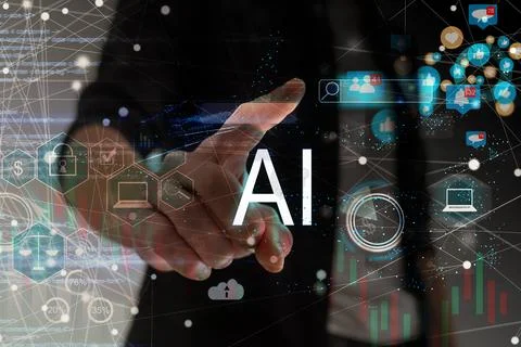 Chat with AI or Artificial Intelligence technology. Businessman using a laptop Stock Photos