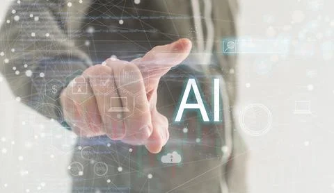 Chat with AI or Artificial Intelligence technology. Businessman using a laptop Foto stock