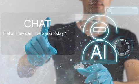 Chat with AI or Artificial Intelligence. Young businessman chatting with a smart Stock Photos
