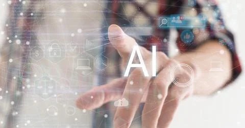 Chat with AI or Artificial Intelligence technology. Businessman using a laptop Stock Photos