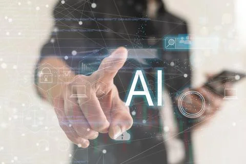 Chat with AI or Artificial Intelligence technology. Businessman using a laptop Stock Photos