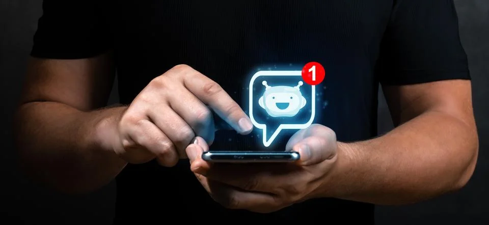 Chat with AI or Artificial Intelligence technology, Hand of businessman usi.. 写真素材
