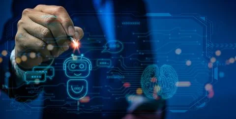 Chat with AI or Artificial Intelligence. Digital chatbot, robot application.. Stock Photos