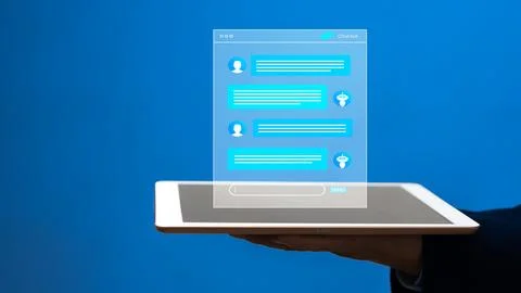 Chat with AI or Artificial Intelligence. Digital chatbot, robot application.. Stock Photos