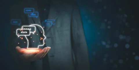 Chat with AI or Artificial Intelligence. Digital chatbot, robot application.. Stock Photos