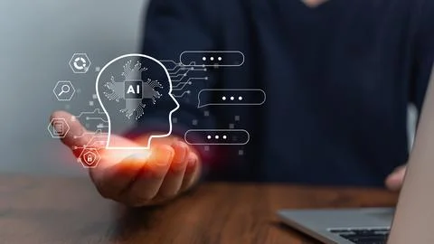 Chat with AI or Artificial Intelligence. Digital chatbot, robot application.. Stock Photos