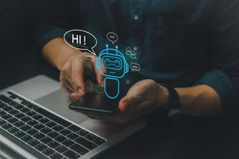 Chat with AI or Artificial Intelligence. Digital chatbot, robot application.. Stock Photos