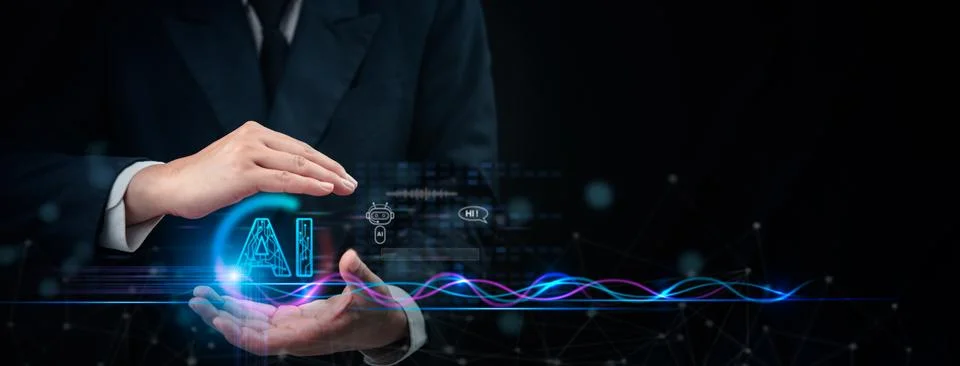 Chat with AI or Artificial Intelligence. Digital chatbot, robot application.. Stock Photos