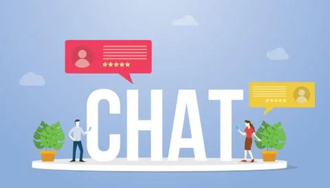 Chat big text or word with people chatting and holding smartphone and chat ic Stock Illustration