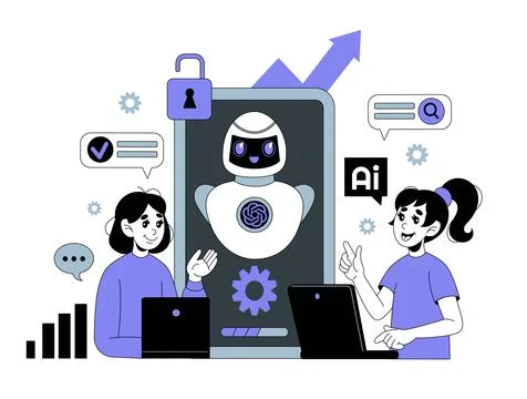Chat bot. AI robot assistant. Virtual call software. GPT technology. Artificial Stock Illustration