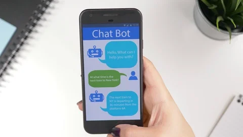Chat Bot Automatic Discussion on Smartphone Screen Stockbeeldmateriaal 99749971