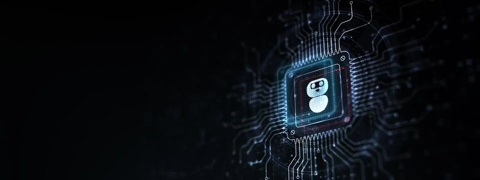 Chat Bot Automating Customer Interactions Illustrated on a Processor Touched  스톡 사진