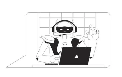Chat bot black and white 2D line cartoon character イラスト素材