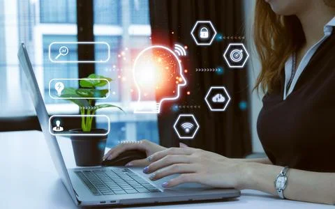 Chat Bot Chat with AI or Artificial Intelligence technology. Businesswoman .. Stock-Fotos