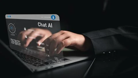 Chat Bot Chat with AI or Artificial Intelligence technology, Human using a .. Stock Photos
