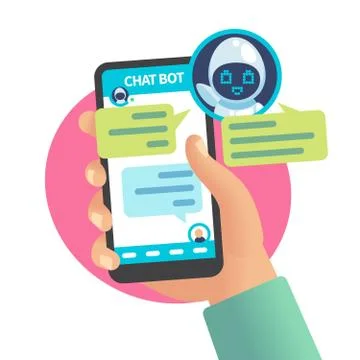 Chat bot chatting with man. Help service dialog, user chatting with robot on Stock Illustration