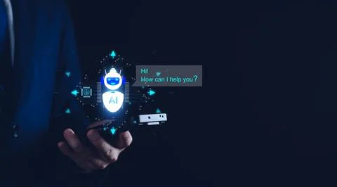 Chat bot concept. AI, Artificial Intelligence. businessman using technology.. Stock Photos