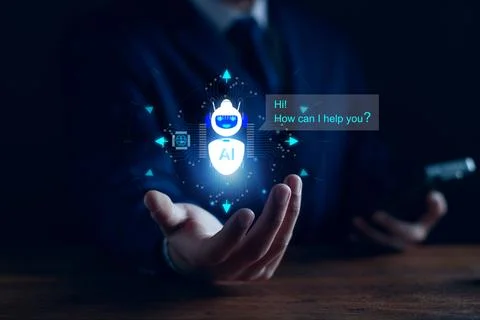 Chat bot concept. AI, Artificial Intelligence. businessman using technology.. Stock Photos