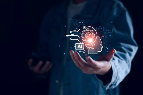 Chat bot concept. AI, Artificial Intelligence. businessman using technology.. Stock Photos