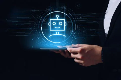 Chat bot concept. Automated technology for answering consumer questions in Stock Photos