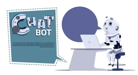 Chat Bot Cute Robot Use Laptop Computer Template Banner With Copy Space, Chatter 스톡 일러스트