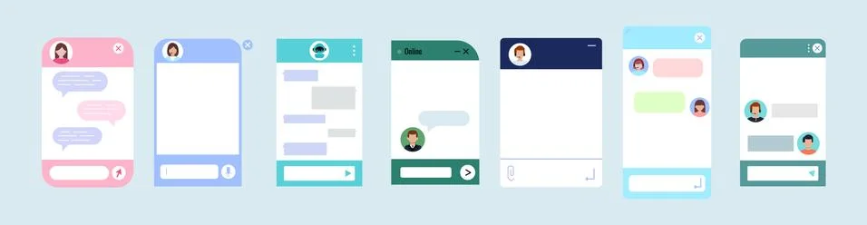 Chat bot dialoge windows flat design set isolated. Illustrazione stock