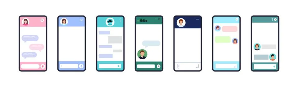 Chat bot dialoge windows on smartphone screen flat design set isolated. Stock Illustration