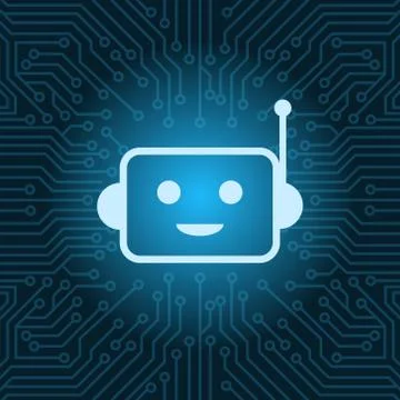 Chat Bot Face Icon Smiling Robot Over Blue Circuit Motherboard Background Stock Illustration