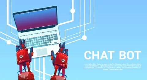 Chat Bot Hands Using Laptop Computer, Robot Virtual Assistance Of Website Or Stock Illustration