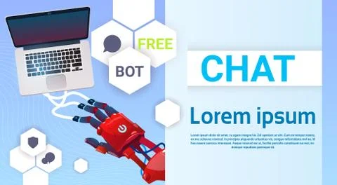 Chat Bot Hands Using Laptop Computer, Robot Virtual Assistance Of Website Or 스톡 일러스트