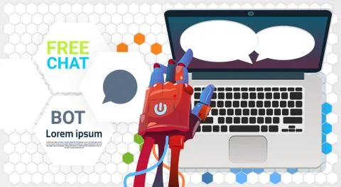 Chat Bot Hands Using Laptop Computer, Robot Virtual Assistance Of Website Or Illustrazione stock