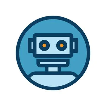 Chat bot icon. Outline robot sign in blue circle. Stock Illustration