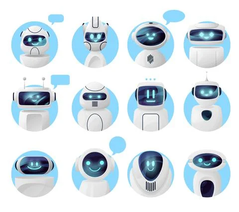 Chat bot icons, chatbot robots with message bubble Stock Illustration